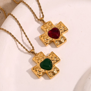 สร้อยคอชุบทอง18K ลายค้อนสแตนเลสจี้กางเขนสีเขียวอาเกต - Product Image 5