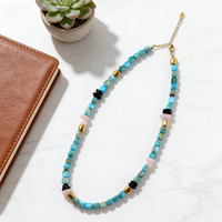 Collier rustique en pierre turquoise, collier ajustable en perles turquoise avec quartz rose et perles noires, idéal pour le bureau