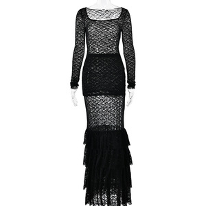 Lace Long Sleeve Sheer Layered Midi Dress Square Neck Slim Fit Cocktail Dress - Product Image 5