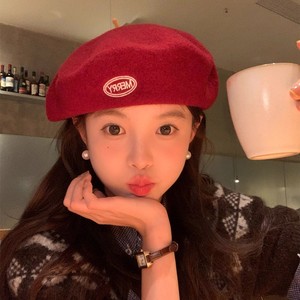 <b>Red</b> <b>Wool</b> Beret Hat For Women Winter Windproof Velvet Octagonal Painter Hat - Product Image 1