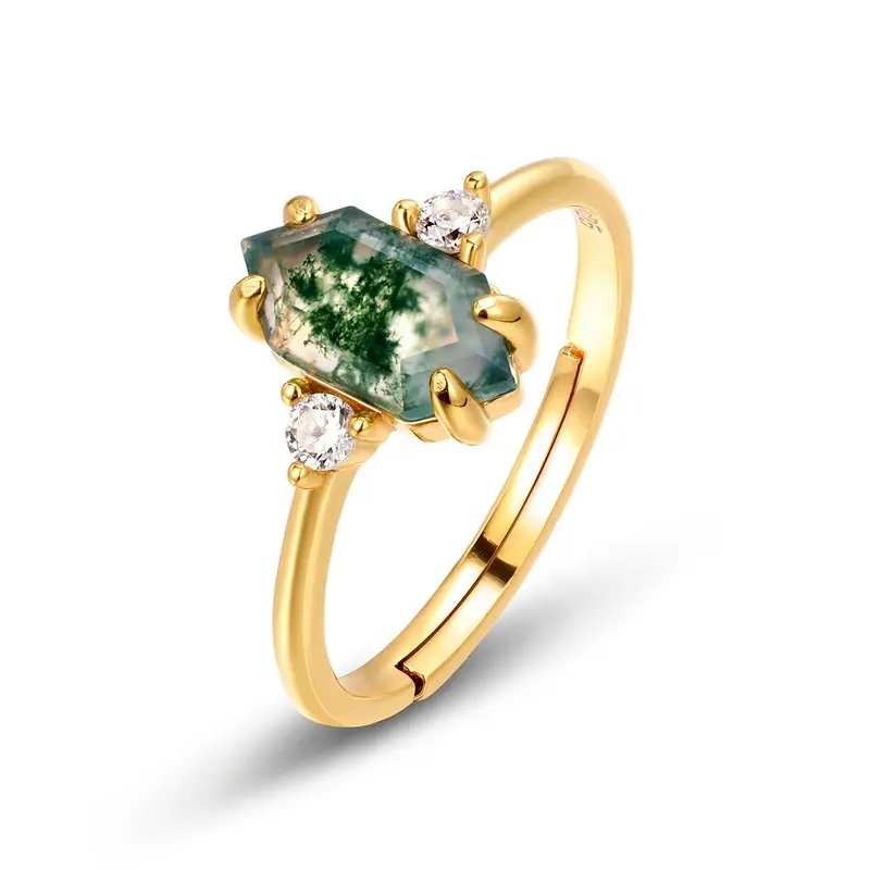 Großhandel Silber Schmuck Retro Edelstein Ring vergoldet Sechseck Form natürlichen grünen Moos Achat Ring