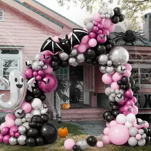 Kit lengkungan karangan bunga balon Halloween merah muda dengan balon perak merah muda hitam balon hantu balon Foil stiker kelelawar 3D