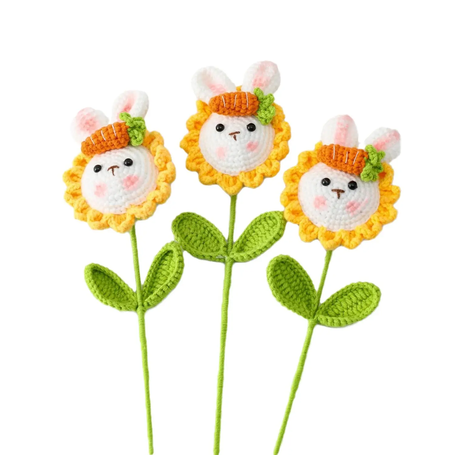 Handmade Crochet Cute Cartoon Rabbit Sunflowers Bouquets For Children Gifts Children Bedroom Decoration Flowers Knitted Animals