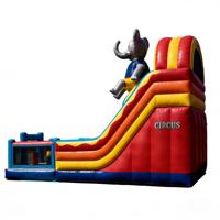 Structure gonflable à double toboggan sur le thème de l'éléphant de cirque, en PVC écologique, marque DST, couleurs personnalisées, logo, garantie 3 ans, pour enfants