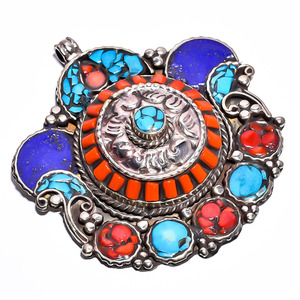 Colgante de piedras preciosas de Coral, turquesa Natural, joyería de plata tibetana, joyería Nepali, TP23 - Product Image 3