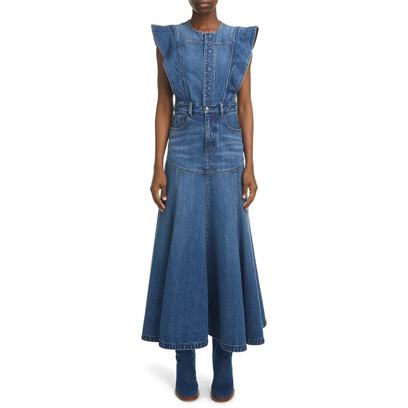 Хлопковое джинсовое платье-миди без рукавов от производителя, женское Модное Длинное джинсовое платье с оборками на рукавах и поясом для вечеринки