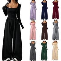 Combinaisons tendance automne BYJ9091 pour femmes, décontractées, col carré, manches longues, coupe ajustée, une pièce, jambes larges, pour dames