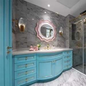 Euro Vanity High End Bathroom Cabinet Mirror Solid Wood French Modern Style Factory Price Customized Arc Shape Fluorescent Blue