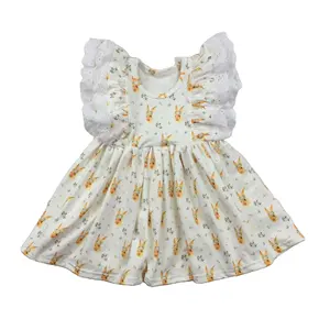 QL2022 lapin blanc impression fête tunique dentelle robe pour filles en gros manches évasées bébé vêtements groupe d'âge enfants automne - Product Image 1