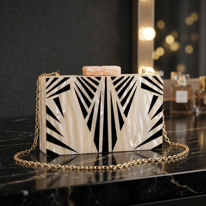 Bolso de Mano de Resina con Aspecto de Mármol, Patrón Geométrico Negro, Cadena Dorada, Bolso de Noche de Lujo, Hecho a Mano, Estilo Único, Último Diseño - Product Image 1