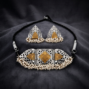 Conjunto de Collar Gargantilla de Latón Oxidado Hecho a Mano con Baño de Dos Tonos, Joyería para Mujer para Boda, Compromiso, Fiesta, Modelo 801412 India - Product Image 3