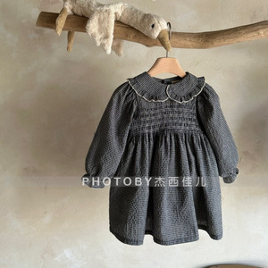 Vestido de Punto a Cuadros Estilo Coreano para <span class=keywords><strong>Niñas</strong></span>, Nuevo de Otoño, Algodón Suave, Lindo Cuello Camisero, Mangas Abullonadas a Rayas, Faldas para Bebés - Product Image 3