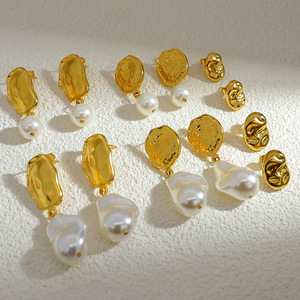 ต่างหูมุกทรงหยดน้ำสไตล์ยุโรปอเมริกัน ชุบทอง 18K รูปทรงเรขาคณิตวงรี สวมใส่ได้ทุกวัน ทำจากสแตนเลส EH11140 11145 - Product Image 2