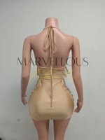 Vestido de poliéster sexy mini sin mangas con cuello alto, cintura imperio, transpirable, con pedrería y borlas, ideal para cumpleaños o discoteca.