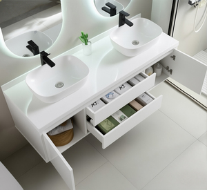 Meuble-lavabo double <span class=keywords><strong>de</strong></span> <span class=keywords><strong>salle</strong></span> <span class=keywords><strong>de</strong></span> <span class=keywords><strong>bain</strong></span> moderne <span class=keywords><strong>de</strong></span> luxe résistant à l'eau avec <span class=keywords><strong>miroir</strong></span> LED et vasque en céramique pour hôtels - Product Image 3
