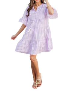 Robe courte rayée ample à manches volantées, col à revers, taille élastique, décontractée, été, en coton tissé et fibre de bambou respirante - Product Image 1