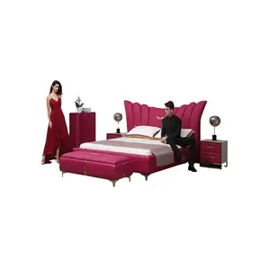 Новейшая мебель для спальни king, красная кожаная рама для кровати с высоким изголовьем кровати