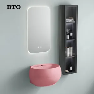BTO Sanitary ware egg shape wall hung wash ceramic basin one piece pink color wall mounted hand wash sink bathroom