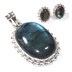 Blue Fire Labradorite 925 Sterling Silver Pendant Earrings Set Oval Cabochon Bezel Setting Indian Bohemian Women's Jewelry Gift - Product Image 1