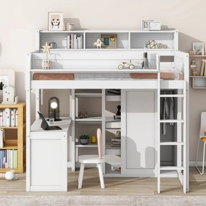 Letto a Soppalco Multifunzionale per Bambini e Adulti con Scrivania, Armadio e Libreria, Mobile Contenitore in Legno Ecologico dal Design Moderno - Product Image 2
