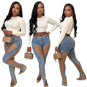Venta al por mayor de las mujeres Jean Ladies Denim Sexy Mesh Sand Combinación Sheer Slit Stretch Slim Hip <span class=keywords><strong>Jeans</strong></span> - Product Image 1