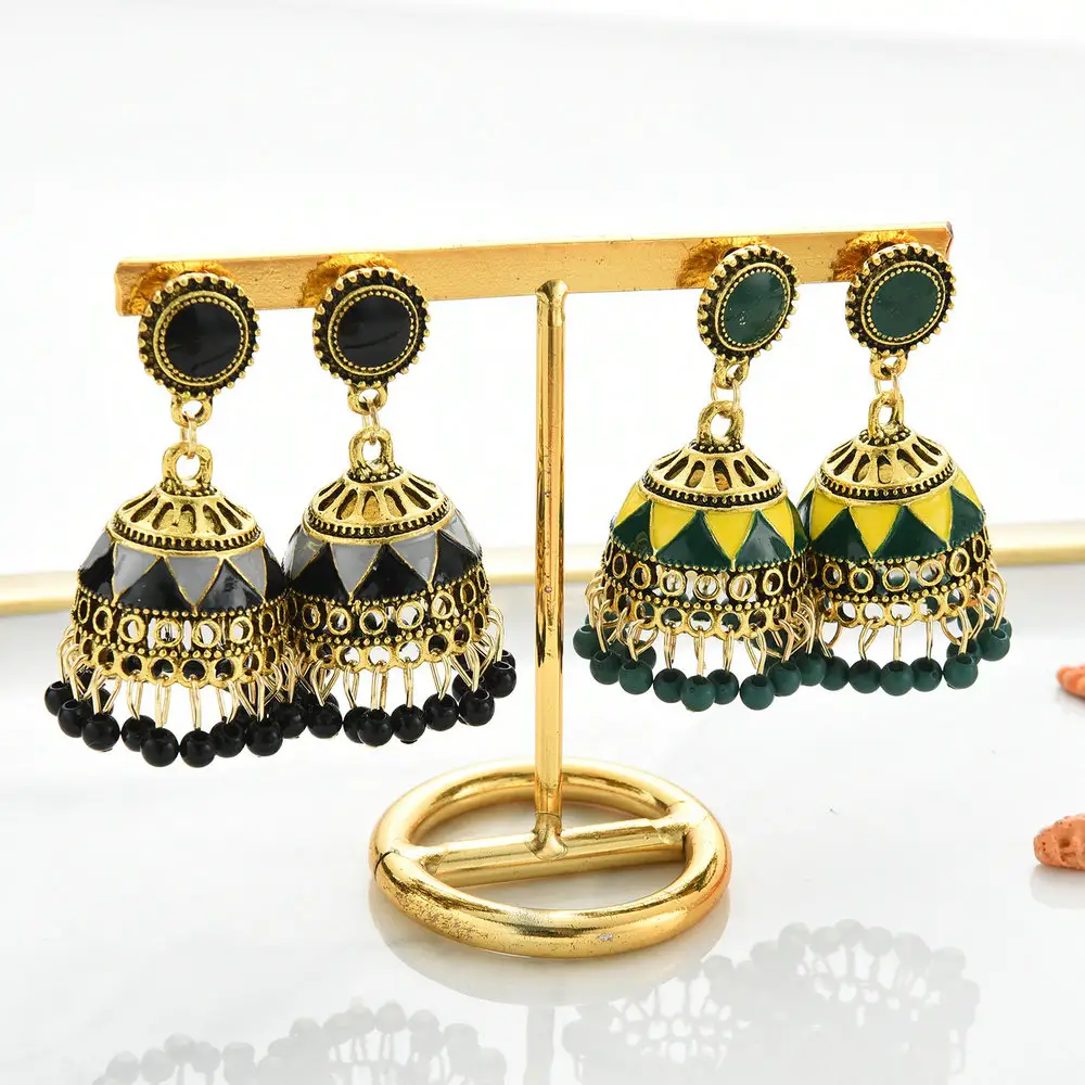 Оптовая продажа, индийские новые модные окисленные серьги, богемные ювелирные изделия, ретро двор, эмаль, этнические Золотые женские серьги Jhumka