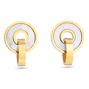 Ensemble collier et boucles d'oreilles en acier inoxydable plaqué or 18 carats avec pendentif double anneau en forme de coquille pour femme, bijoux géométriques ronds tendance - Product Image 5