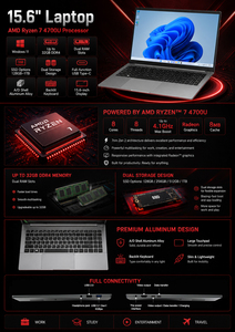 แล็ปท็อปคุณภาพสูง ขนาด 15.6 นิ้ว 7 4700U แรม 16GB DDR4 ความจุ 512GB SSD ตัวเครื่องอะลูมิเนียม 11 รุ่น สำหรับใช้งานระดับมืออาชีพ ด้วยหน่วยประมวลผลทรงพลัง AMD R7-4700U - Product Image 2