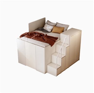 Ensembles de <span class=keywords><strong>chambre</strong></span> à coucher king size Queen <span class=keywords><strong>moderne</strong></span> <span class=keywords><strong>adulte</strong></span> blanc Lit hydraulique en bois relevable avec placard de rangement et escalier - Product Image 1