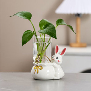 Vase hydroponique en céramique en forme de lapin, lot de deux, décoration de table pour le bureau, cadeau de Pâques, style moderne - Product Image 3