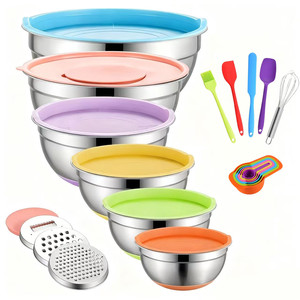 Ensemble de bols mélangeurs empilables en acier inoxydable kaki avec couvercles hermétiques et râpe, pour le stockage alimentaire, design moderne et simple - Product Image 3