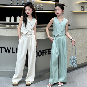 Completo Estivo in Cotone per Ragazze 2025, Nuovo Set <span class=keywords><strong>Elegante</strong></span> e alla Moda con Gilet Monopetto e Pantaloni per Bambine Più Grandi - Product Image 1