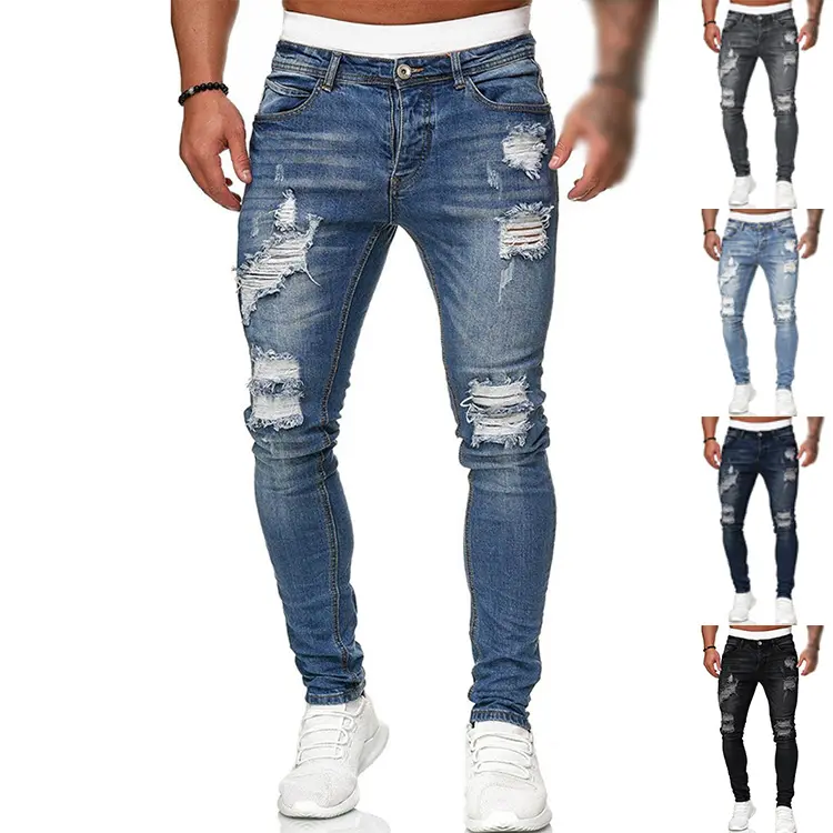 Hot Seller Men's Ripped Fashion Skinny Jeans Casual Washed Street Style Denim Trousers