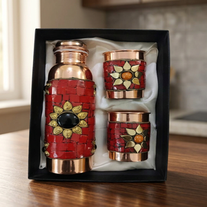 Copper Water Bottle and Glass Set Red Floral <b>Drinkware</b> Gift Set Custom Logo Home Wedding Use - Indian Home Crafts - Product Image 3