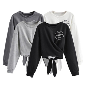 Winter Crew Neck Drop Shoulder Dark Gray Wholesale Blank Custom Logo Cross <strong>String</strong> Tie <strong>Top</strong> Women Pullover Crop Sweatshirt&amp;Hoodies - Product Image 1