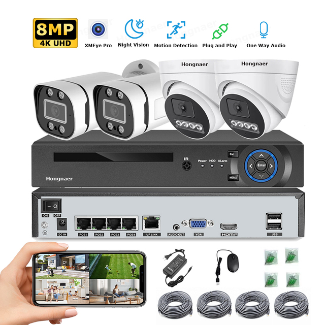 Hongnaer 8MP 4CH One Way Audio POE Home Network Video Recorder 4K Surveil Security Camera Kit Set IP Wireless CCTV Camera System