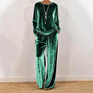 Women's <b>Velvet</b> Casual Suit Long Sleeve Round Neck <b>Trousers</b> Plus Size Solid Color Blue <b>Green</b> Purple Coffee Black S M L XL XXL - Product Image 2