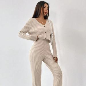 Ensemble deux pièces pour femmes, décontracté, ample, tendance, cardigan à manches longues boutonné, pantalon large, automne-hiver, vêtements de tous les jours, à porter à la maison, en ligne - Product Image 1