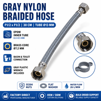 Tuyau d'alimentation en eau tressé en nylon gris F1/2 X F1/2 30cm avec âme en laiton EPDM et raccords femelles SS304 pour lavabo et toilettes - Fournisseur OEM