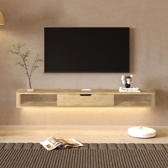 Factory Wholesale Oak Wall Mounted Media Console Floating TV Stand with LED Drawer Open Shelves Cable Management