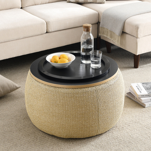 Round <b>Storage</b> Ottoman 25.5 In Diameter Natural Wood Top With Woven Base Coffee Table And <b>Seat</b> - Product Image 3