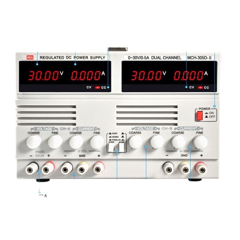 MCH Dual Channel DC Power Supply 0-30V 0-2A Adjustable with 1 set of 5V 2A Fixed Output  MCH-302D-II