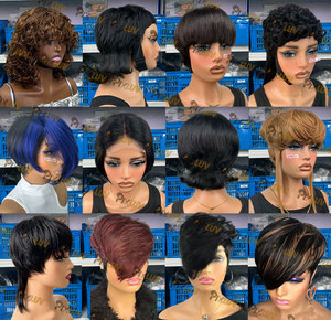 Pelucas de Cabello Humano con Flequillo Estilo Pixie, Rizadas, Color 1b, Cabello Humano Virgen para Mujeres Negras, Resistentes a Mordeduras de Perros - Product Image 6
