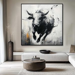 Décoration murale suspendue, toile texturée faite à la main, taureau abstrait, vache des Highlands, art moderne, peinture d'animaux - Product Image 1