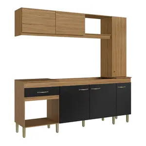 Armario de estilo moderno DORA 6 puertas 1 cajón cocina compacta Muebles de cocina de madera para el hogar Tablero de partículas Color natural/negro