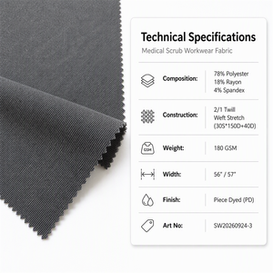 Tela para Uniformes Médicos Personalizados al por Mayor, 78% Poliéster, 18% Rayón, 4% Elastano, 180GSM, Tejido Twill 2/1 Elástico para Fabricantes de Ropa - Product Image 2