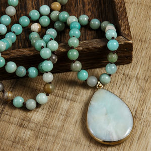 Moda mujer 8mm Cuarzo Rosa Blanco howlita piedra anudada collar de piedras preciosas naturales amazonita gota colgante collar - Product Image 2