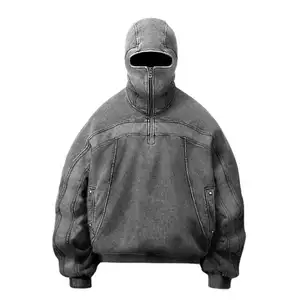 En gros de Baisse Épaule Vintage Blanc Chandail À Capuchon Personnalisé Hommes Lavage À L'acide Ninja Complet Visage Zip Up Hoodie Avec Des Trous pour les yeux