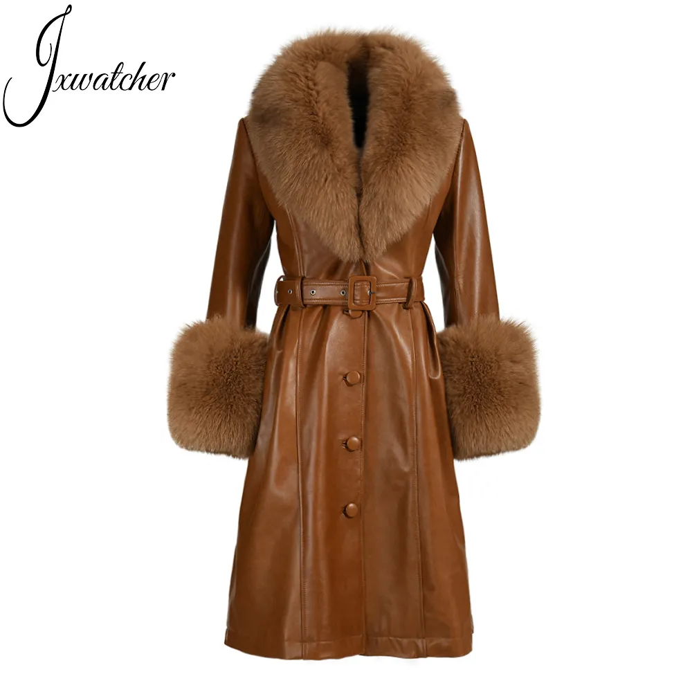 Nouveau Trench-Coat en cuir véritable de mouton pour femmes, grande taille, Design avec ceinture, manteau en fourrure de renard, vente en gros, personnalisé