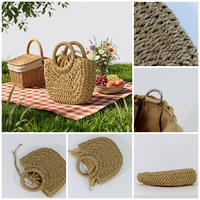 Bolso de mano de paja de ratán semicircular hecho a mano para mujer, con forro de poliéster y cierre de cordón, ideal para la playa en verano.